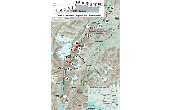 Present-day hiking map of Chilkoot Trail, with elevations (National Park Service)