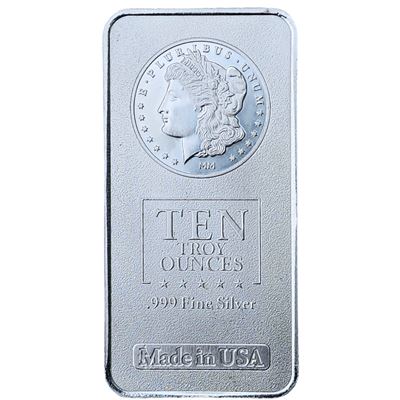 10 Troy oz. Prooflike 99.9% Silver Bar with Morgan Dollar Design