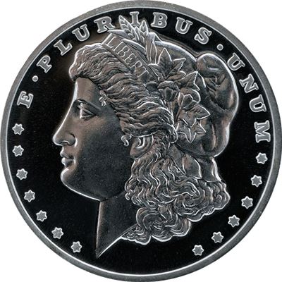 silver round morgan dollar design